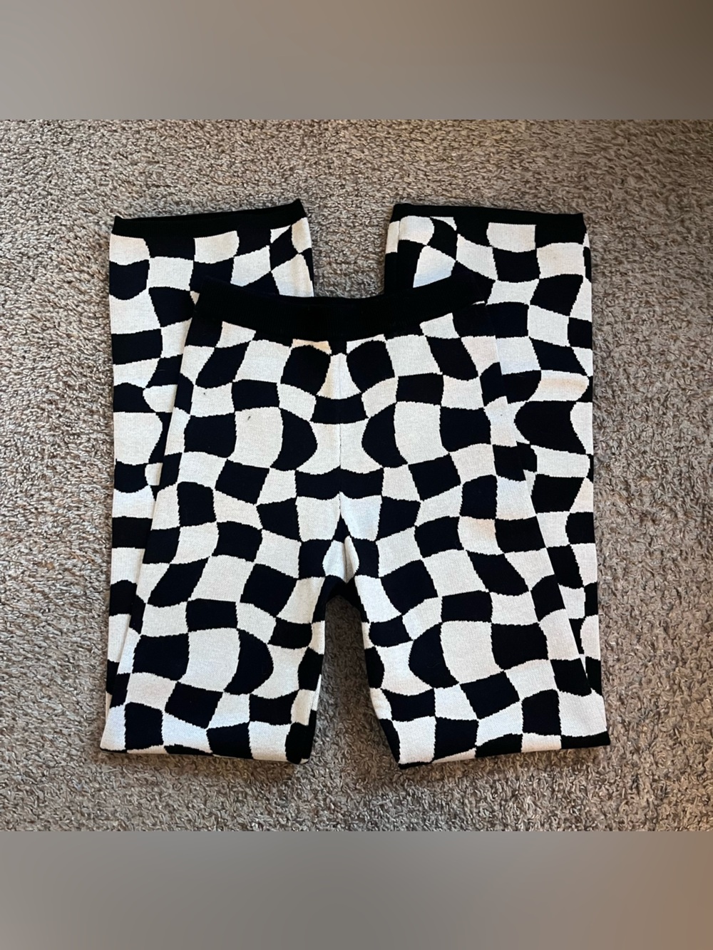 Checkerboard Knit Boot-Cut Pants - Black and White